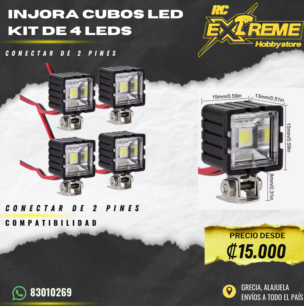 Injora Cubos Led Kit de 4 LEDs Conector de 2 Pines